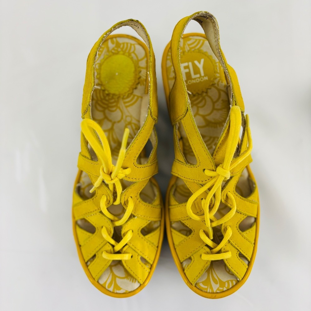 Fly London Yapi Lemon Yellow Leather Lace up Wedge‎ Sandal Sz 6 (36)